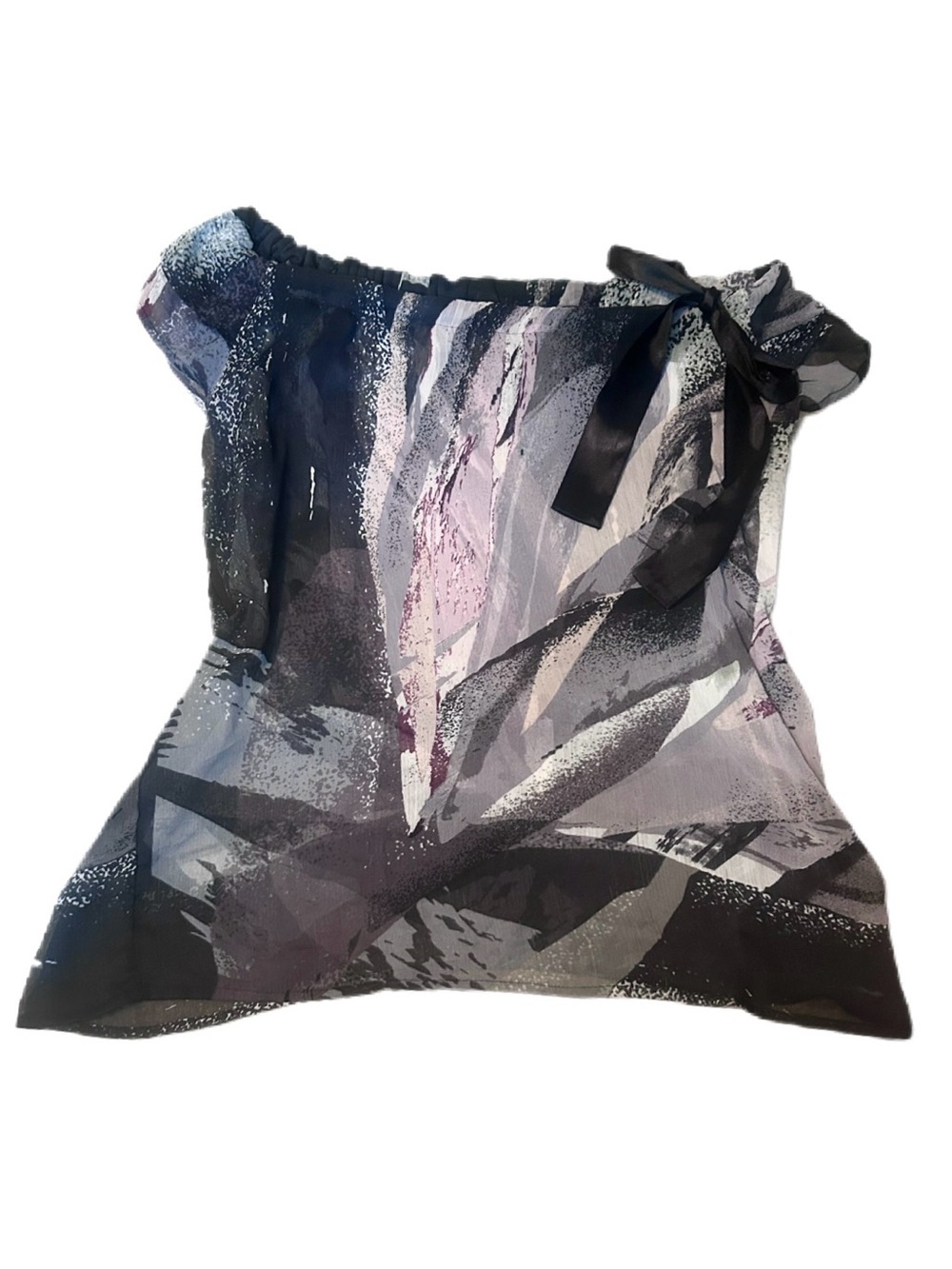 Sheer Abstract Print Off-Shoulder Top  Black Gray Tie up Ribbon Detail coquette